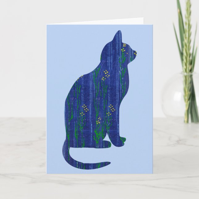 Azul Floral Gato no Cartão de Nota de Arte Azul (Frente)