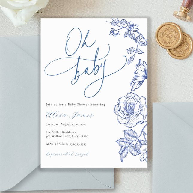 Azul Floral Oh Chá de fraldas Convite (Criador carregado)