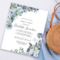 Azul Floral Sueco 16 Convite Aniversário
