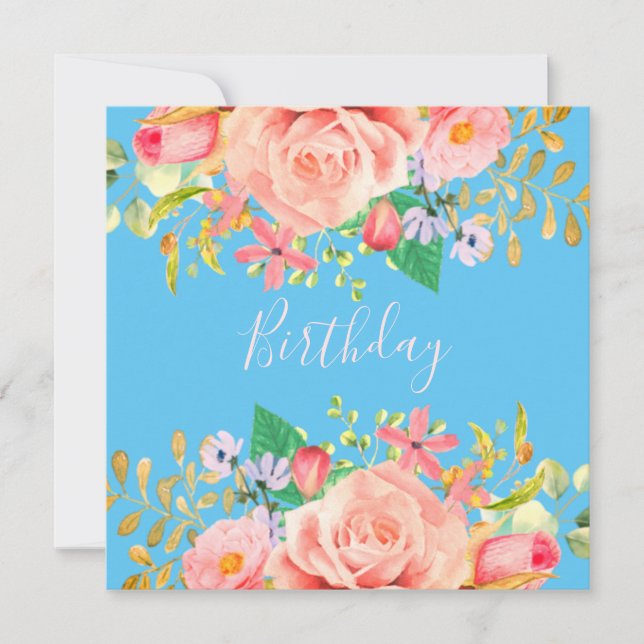 Azul macio com Convite de aniversário de flores (Frente)