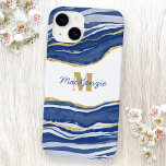 Azul Marble Agate Dourado Glitter Monograma<br><div class="desc">Indigo azul aquarela agate marble design com detalhes falsos de brilho dourado. Altere o nome e monograma Inicial para personalizar.</div>