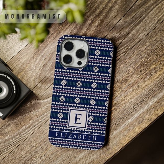 Azul Marinho Branco Cinza Azteca Personalizável (Customizable Dark Navy Blue White Grey Aztec iPhone Case)