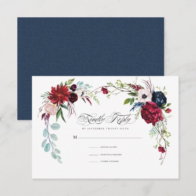 Azul Marinho | Cartão RSVP de Casamento Floral Bur (Frente/Verso)