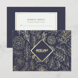Azul Marinho | Cartão RSVP de Casamento Floral Dou