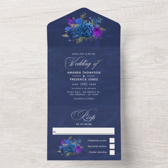 Azul Marinho e Dourado Convite de Casamento Vintag (Interno)
