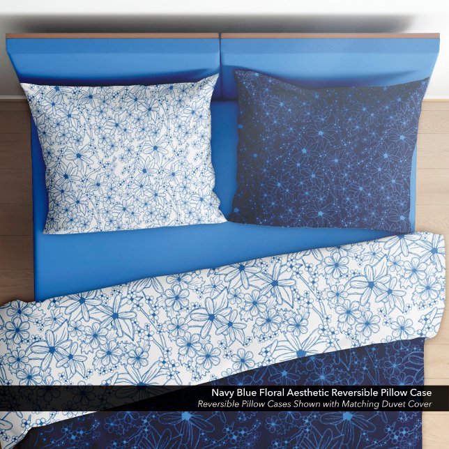 Azul Marinho Floral Estético Reversível (Navy Blue Floral Aesthetic Reversible Pillow Cases)
