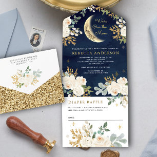 Azul Marinho Marfim Dourado Floral Boho Chuvinha d