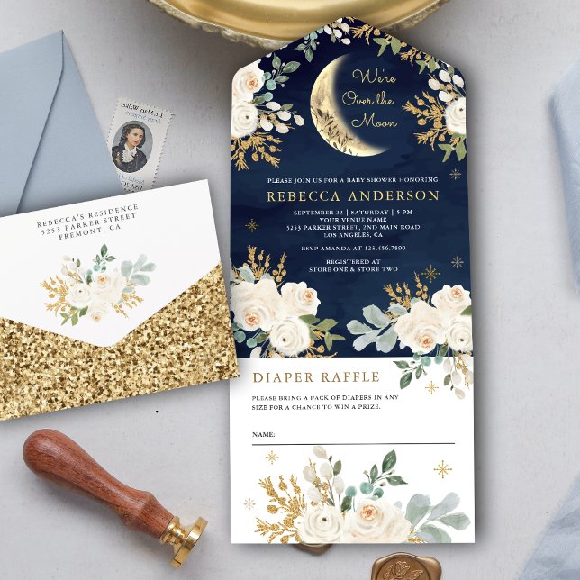 Azul Marinho Marfim Dourado Floral Boho Chuvinha d (Criador carregado)