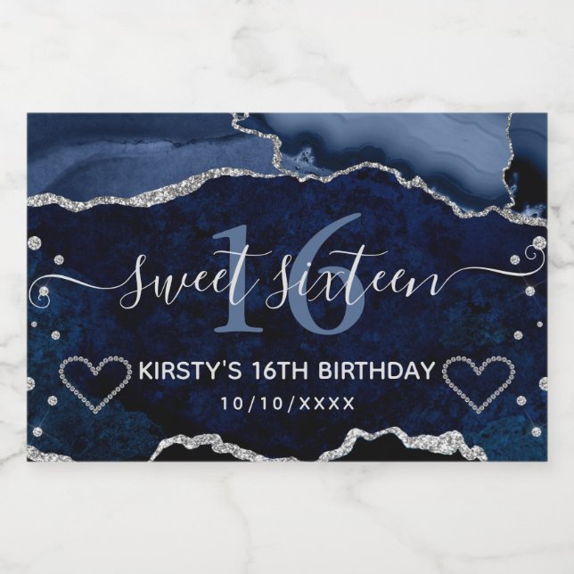 Azul Marinho & Prata Brilho Ágata Mármore Doce 16 (Rótulo Único)