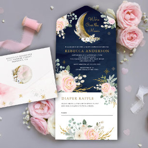 Azul Marinho Rosa Floral Dourado Baby Shower Lua