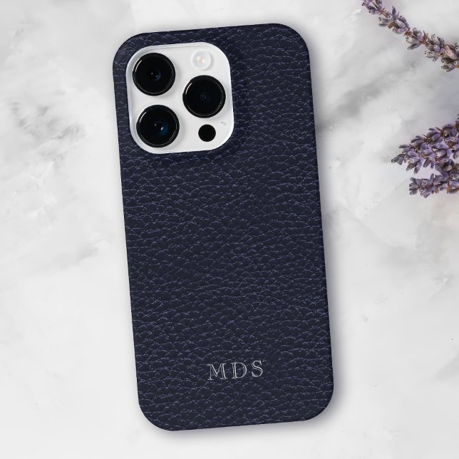 Azul Meia-Noite Falso Visual Couro Monograma (A classic midnight blue faux leather look phone case with space for your initials)