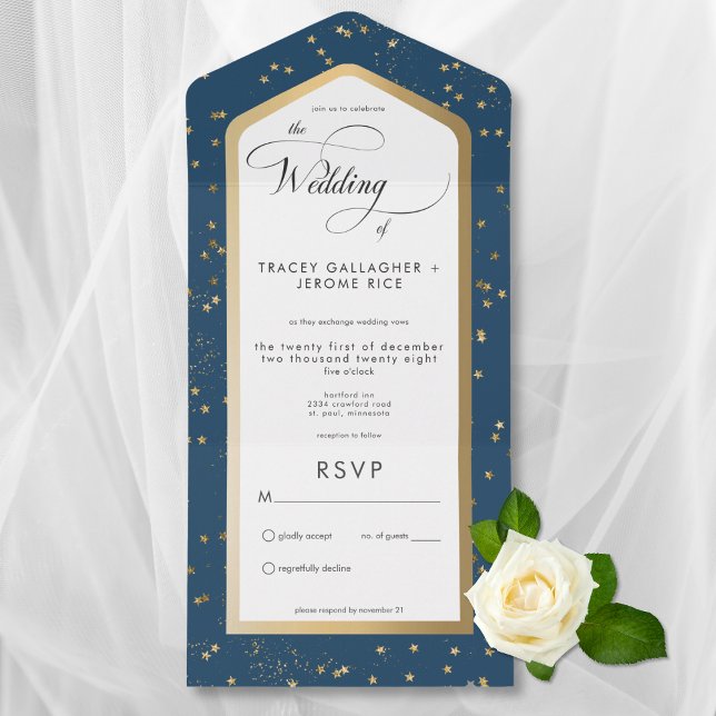 Azul Moderno e Branco Starry Dourado Sem Janto (Modern Blue & White Starry Gold All In One Wedding Invitation without Dinner Options)