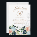 Azul-Noite Floral 50º Convite de Aniversário<br><div class="desc">Lindos florais de jardim em tons azuis com sotaques cor-de-rosa e verdes pincelados,  combinados com flores esboços e fontes minimalistas. Procure na nossa loja artigos de papelaria mais personalizados.</div>