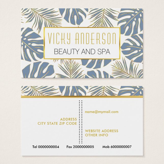 Azul poeirento, cartões de visitas de folhas tropi (Frente & Verso)