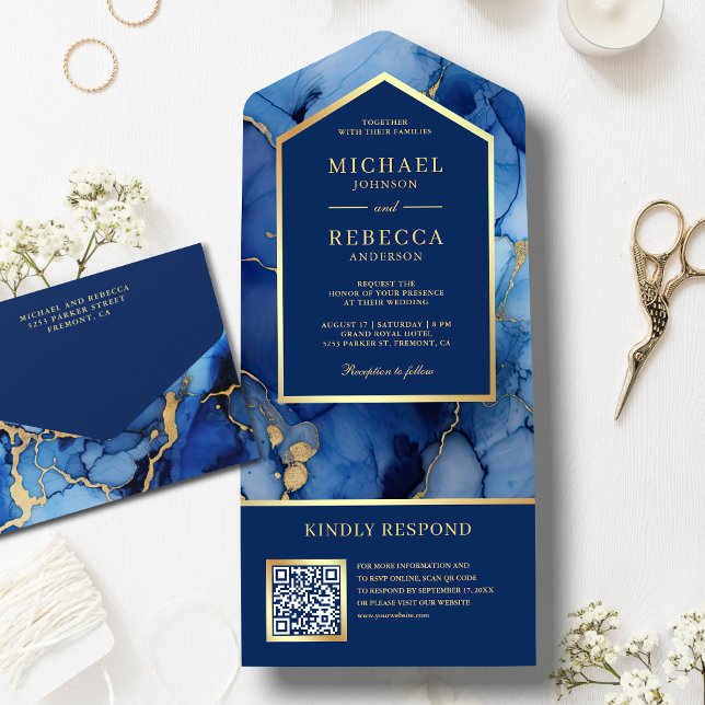 Azul Real Dourado Tinta Fluida Abstrata Código QR  (Criador carregado)