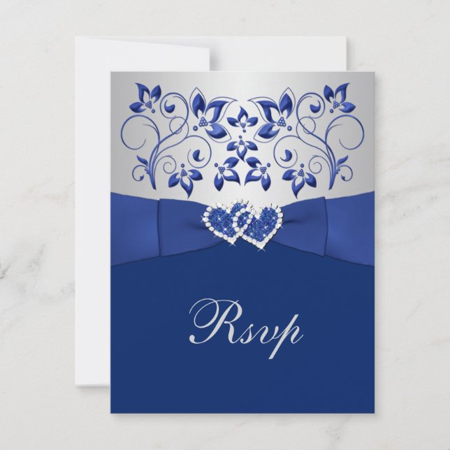 Azul Real, Floral Prateado, RSVP de Casamento Cora (Frente)