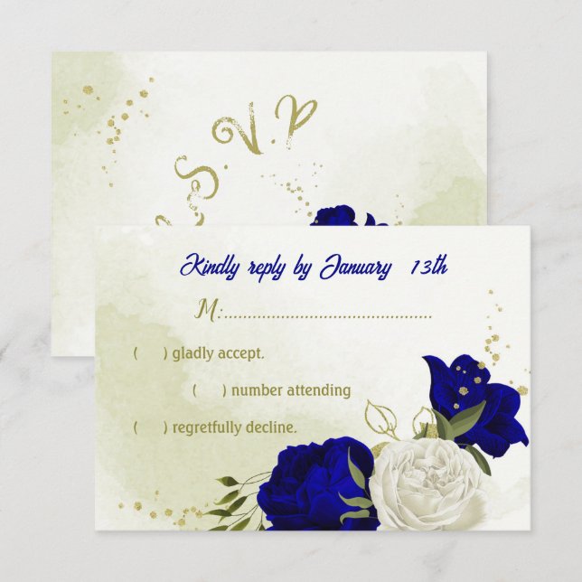 azul real flores brancas verdes folhas RSVP cartão (Frente/Verso)