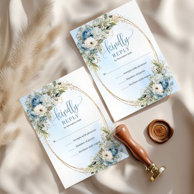 Azul Romântico e Florais Brancas Dourado RSVP Casa (Romantic Blue and White Florals Gold Wedding RSVP)