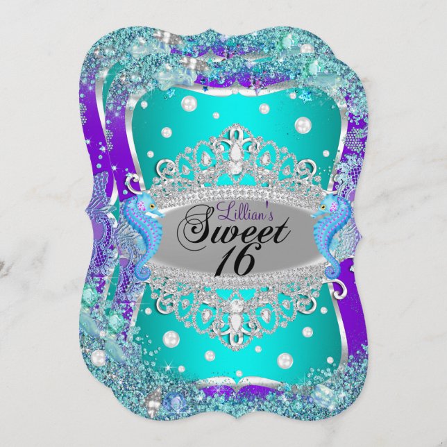 Azul Roxo Sob O Mar Tiara Sweet 16 Convite (Frente/Verso)