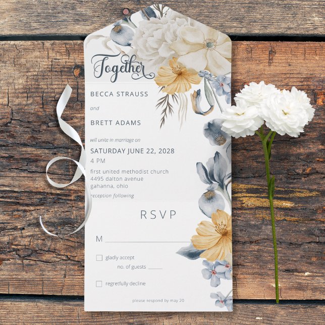 Azul Russo Amarelo e Branco Branco Branco Branco B (Rustic Blue Yellow & White Floral White All In One Wedding Invitation without Dinner Options)