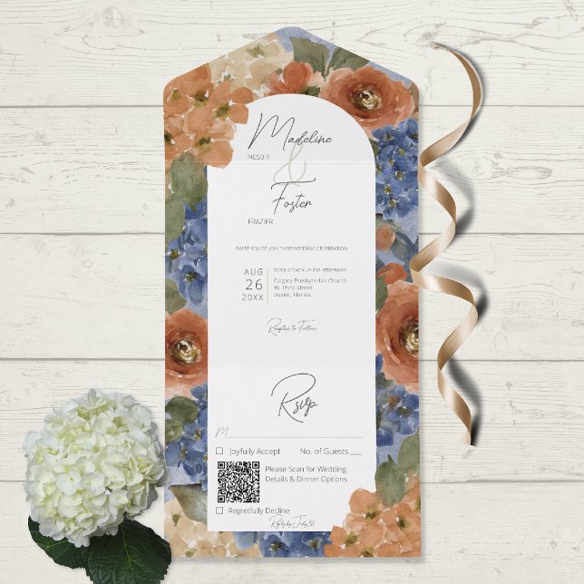 Azul Russo e Laranja Queimado Código QR Floral (Criador carregado)