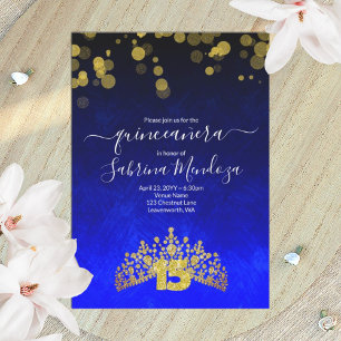 Azul Sapphire, Dourado Convite Tiara Quinceanera
