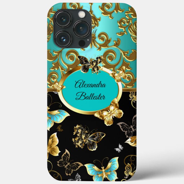 Azul Teal Azul Damask Floral Borboleta Dourado (Verso)