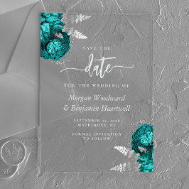 Azul Teal Prata Floral Casamento Salve a Data