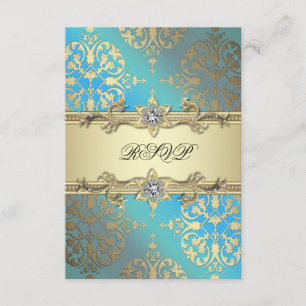Azul Teal Preto Dourado Damask RSVP