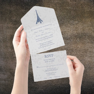 Azul Torre Eiffel Damask All in One Convite de cas
