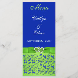 Azul, Verde Floral, Cartão de Menu Corações