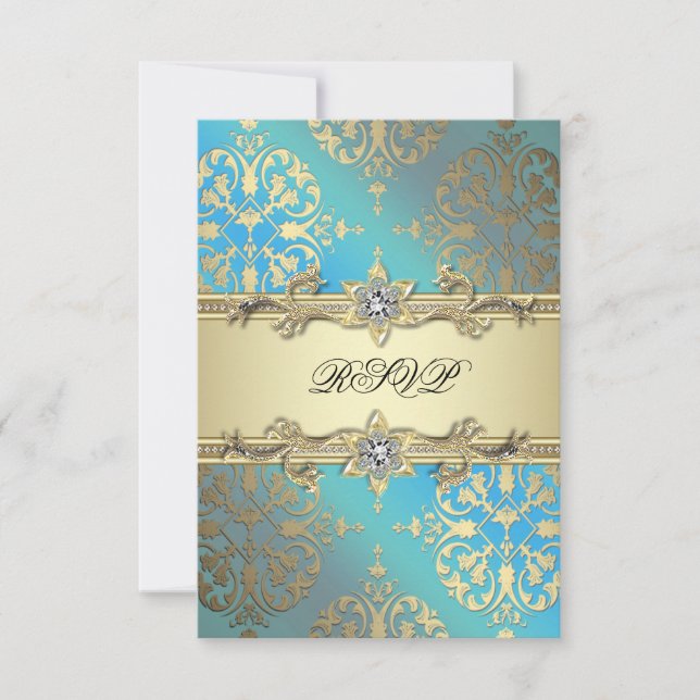 Azul Verde Preto Dourado Damask RSVP (Frente)