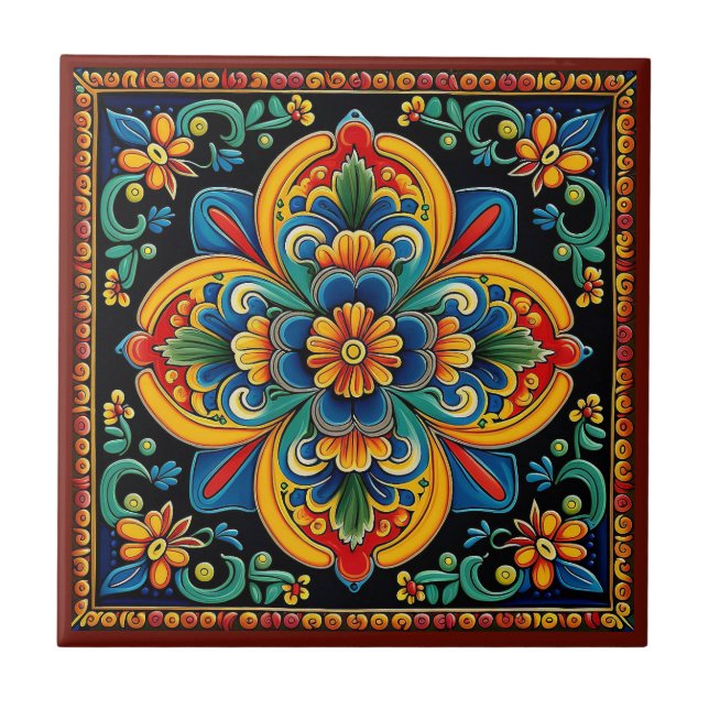 Azulejo 10/12 de flores do estilo Huichol mexicano (Frente)