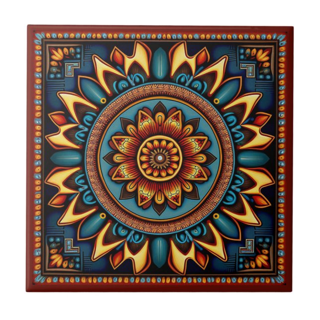 Azulejo 1/12 de cerâmica do estilo Huichol mexican (Frente)