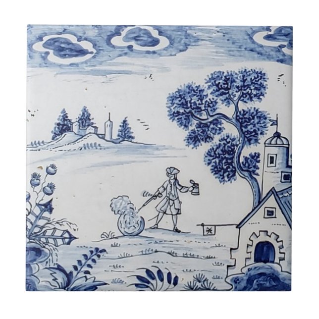 Azulejo Antiquado - Cena Pastoral Azul e Branco-2 (Frente)