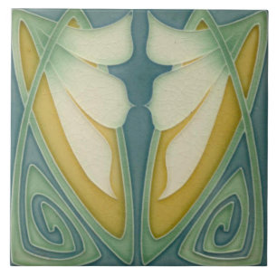 Azulejo - Art Nouveau Blue Background Ivory Flower