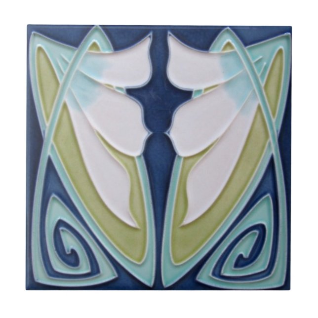 Azulejo - Art Nouveau Blue Background White Flower (Frente)