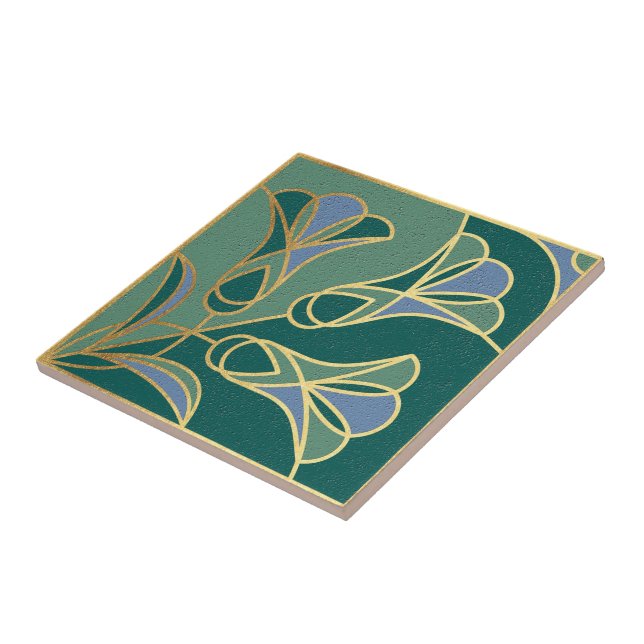 Azulejo Arte Deco Floral. Verde, Azul e Dourado (Lateral)