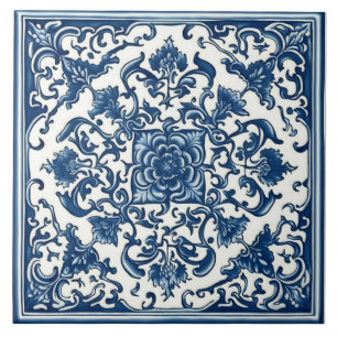 Azulejo Azul & Branco Clássico, Floral, Arte Chine