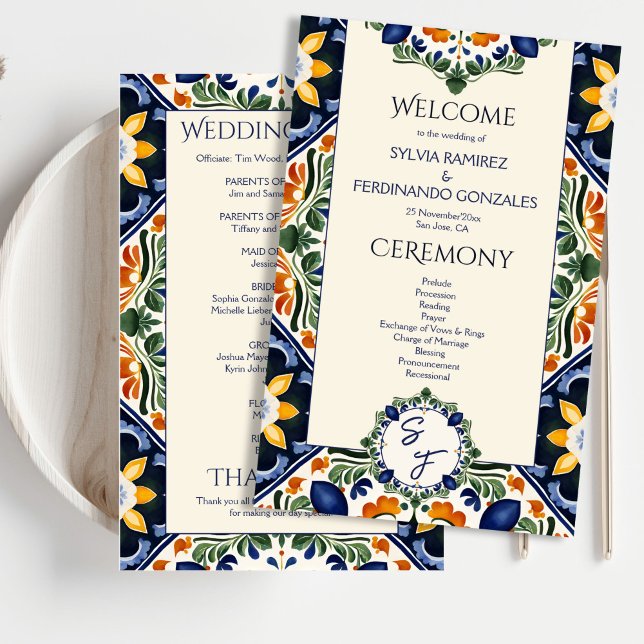 Azulejo azul Talavera do México (Azulejo blue Talavera vintage Mexican wedding program elegant order of events day of stationery)