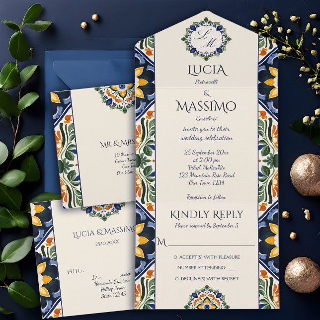 Azulejo azul Talavera vintage casamento mexicano (Azulejo Talavera blue tiles vintage Mexican monogram elegant wedding All In One Invitation card )