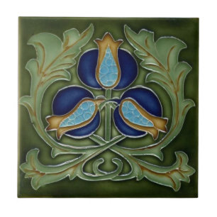 Azulejo cerâmico - Art Nouveau Flores Azuis Verde