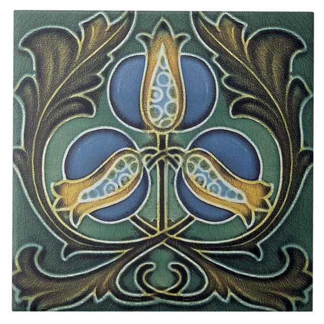 Azulejo cerâmico - Art Nouveau Flores Azul Amarelo (Frente)