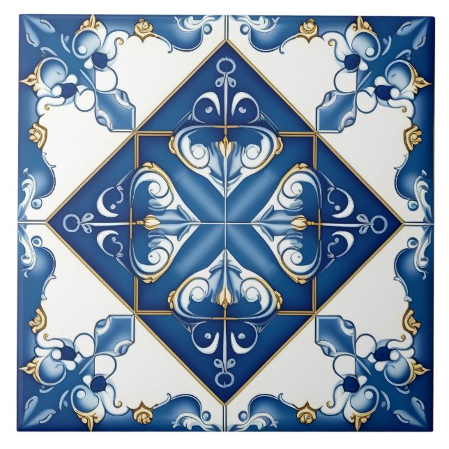 Azulejo cerâmico azul mediterrânico decorativo (Frente)