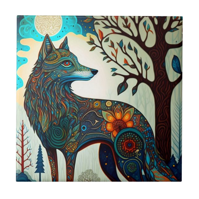 Azulejo cerâmico Boho Wolf Surreal Willife Art (Frente)