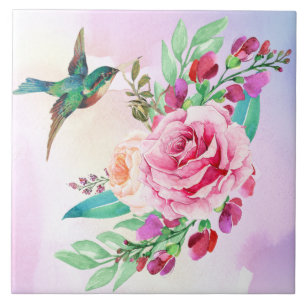 Azulejo cerâmico de aves e flores