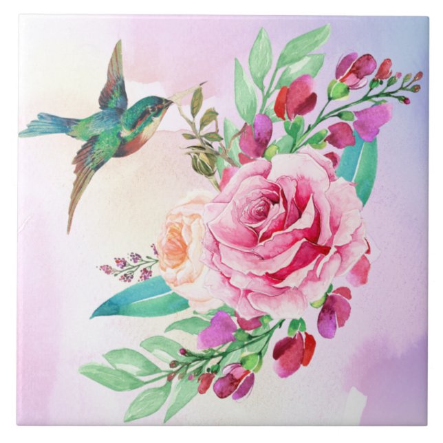 Azulejo cerâmico de aves e flores (Frente)