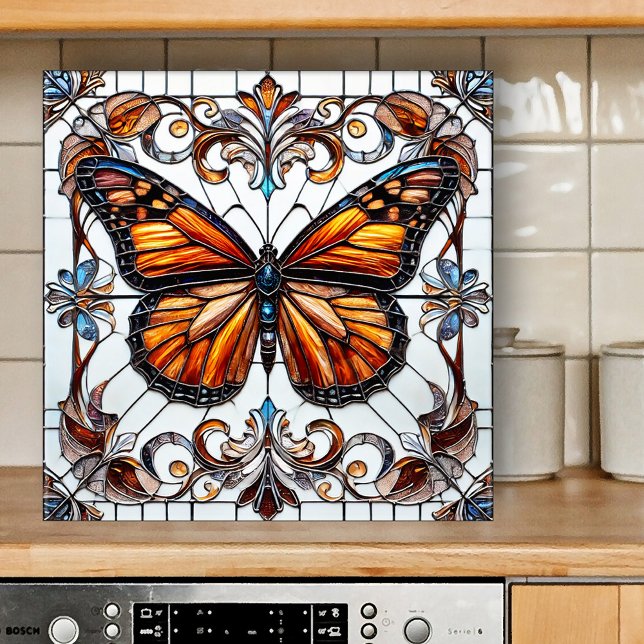 Azulejo cerâmico de borboletas de vidro retido (Tile featuring a stained glass or leaded glass style design with a colorful butterfly)