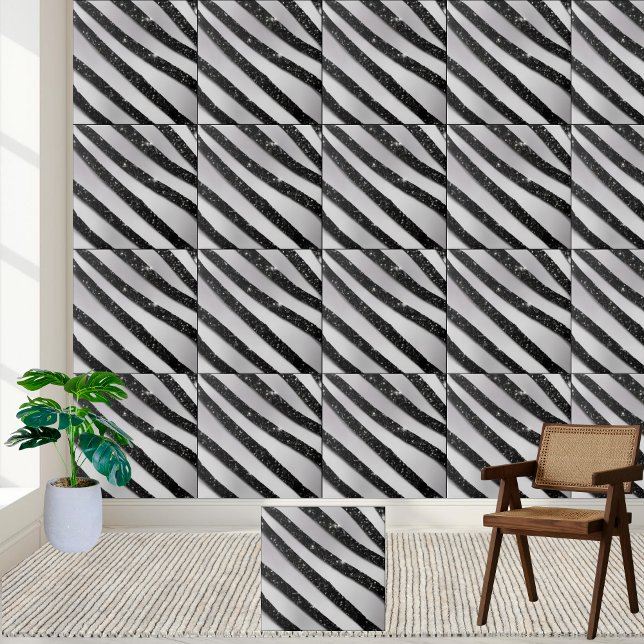 Azulejo cerâmico de chão com brilho branco preto (Black White Glitter Stripe Floor Ceramic Tile)
