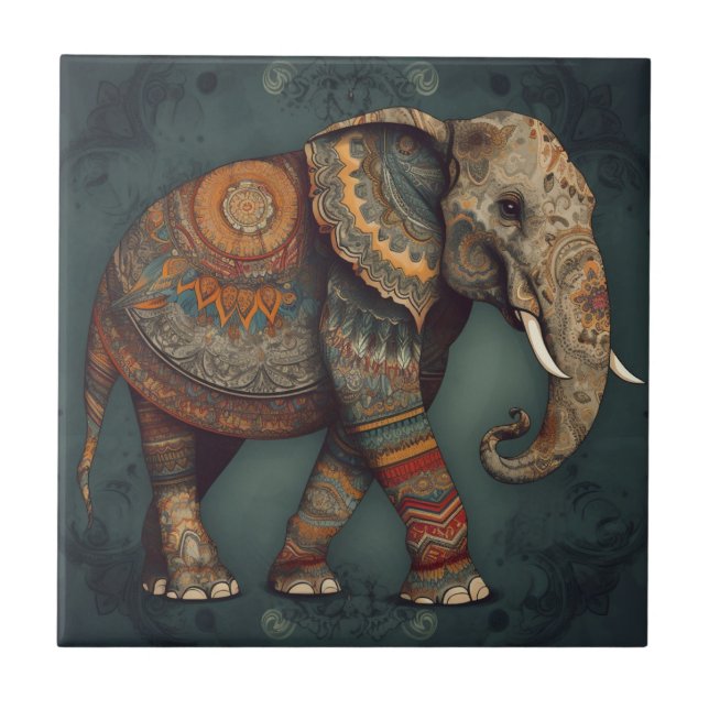 Azulejo cerâmico de elefante boho com decoração de (Frente)